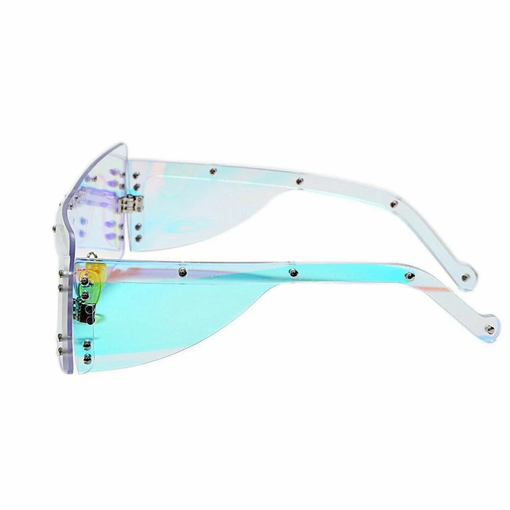 Shield Sunglasses Iridescent Lens Rivet Accents Fashion Futuristic‎ Women Lentes